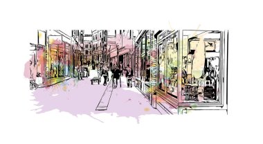 Print Building view with landmark of Durham is a city in North Carolina. Vektörde elle çizilmiş resim ile suluboya sıçraması.