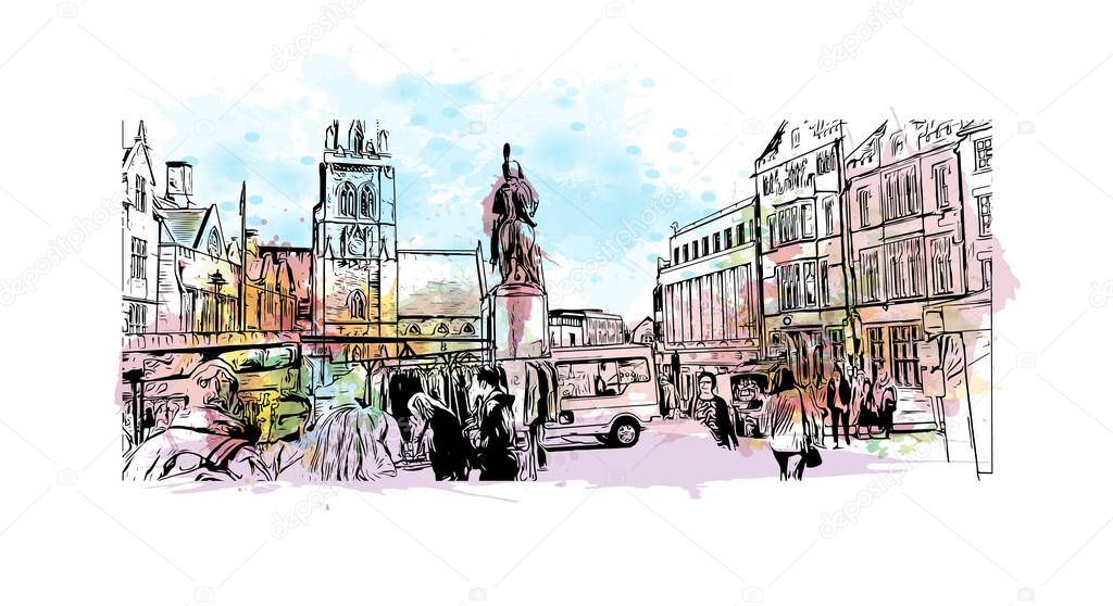 Print Building view with landmark of Durham is a city in North Carolina. Watercolor splash with hand drawn sketch illustration in vector.