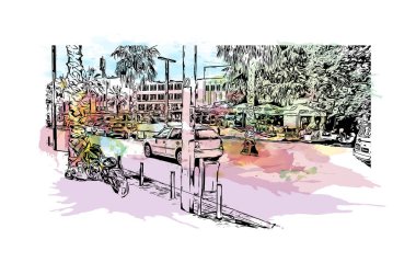 Durres 'in simgesi olan Print Building Arnavutluk' un batısındaki Adriyatik Denizi kıyısında bir liman kentidir. Vektörde elle çizilmiş resim ile suluboya sıçraması.