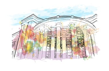 Durres 'in simgesi olan Print Building Arnavutluk' un batısındaki Adriyatik Denizi kıyısında bir liman kentidir. Vektörde elle çizilmiş resim ile suluboya sıçraması.