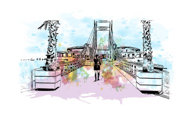 Durres 'in simgesi olan Print Building Arnavutluk' un batısındaki Adriyatik Denizi kıyısında bir liman kentidir. Vektörde elle çizilmiş resim ile suluboya sıçraması.