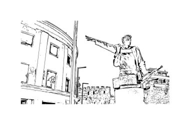 Durres 'in simgesi olan Print Building Arnavutluk' un batısındaki Adriyatik Denizi kıyısında bir liman kentidir. Vektörde elle çizilmiş çizim çizimi.