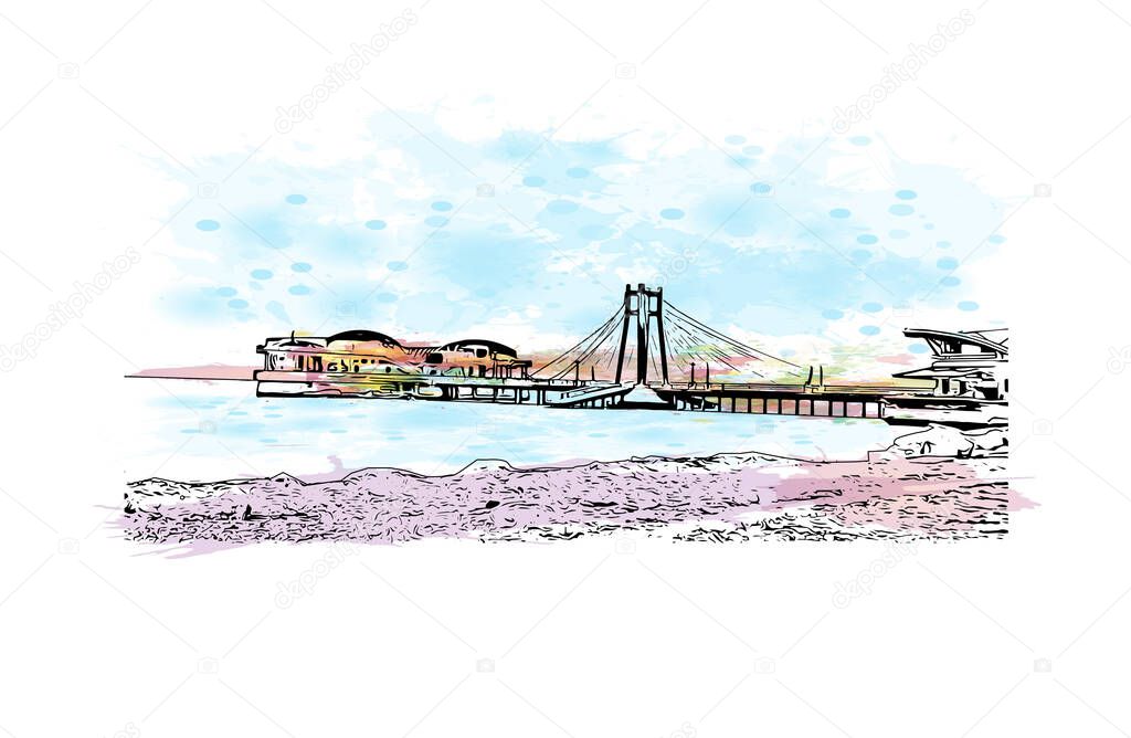 Print Building view with landmark of Durres is a port city on the Adriatic Sea in western Albania. Watercolor splash with hand drawn sketch illustration in vector.
