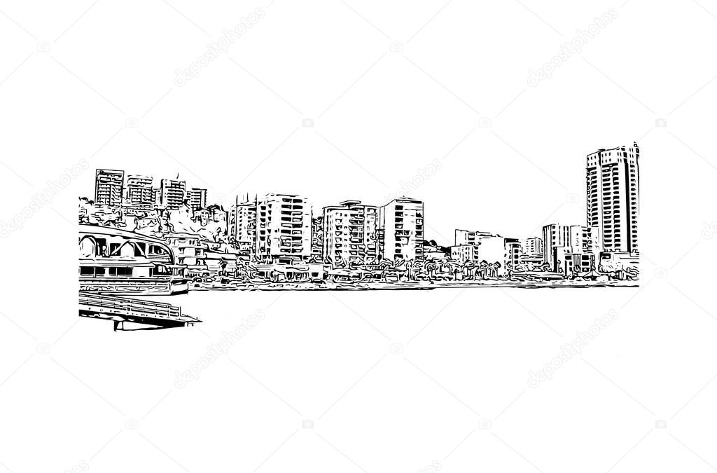 Print Building view with landmark of Durres is a port city on the Adriatic Sea in western Albania. Hand drawn sketch illustration in vector.