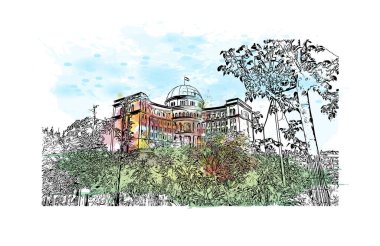 Tacikistan 'ın başkenti Dushanbe' nin simgesi olan Print Building view 'dir. Vektörde elle çizilmiş resim ile suluboya sıçraması.