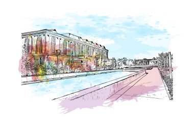 Tacikistan 'ın başkenti Dushanbe' nin simgesi olan Print Building view 'dir. Vektörde elle çizilmiş resim ile suluboya sıçraması.