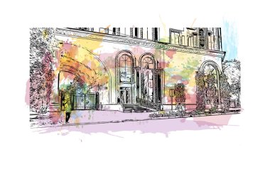 Tacikistan 'ın başkenti Dushanbe' nin simgesi olan Print Building view 'dir. Vektörde elle çizilmiş resim ile suluboya sıçraması.