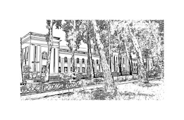 Tacikistan 'ın başkenti Dushanbe' nin simgesi olan Print Building view 'dir. Vektörde elle çizilmiş çizim çizimi.