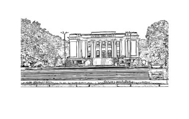 Tacikistan 'ın başkenti Dushanbe' nin simgesi olan Print Building view 'dir. Vektörde elle çizilmiş çizim çizimi.