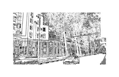 Tacikistan 'ın başkenti Dushanbe' nin simgesi olan Print Building view 'dir. Vektörde elle çizilmiş çizim çizimi.