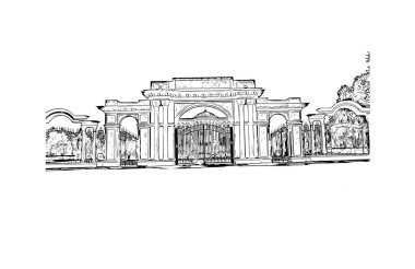 Tacikistan 'ın başkenti Dushanbe' nin simgesi olan Print Building view 'dir. Vektörde elle çizilmiş çizim çizimi.