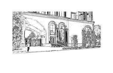 Tacikistan 'ın başkenti Dushanbe' nin simgesi olan Print Building view 'dir. Vektörde elle çizilmiş çizim çizimi.