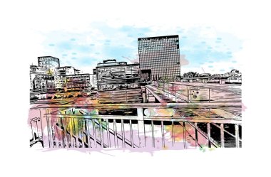Print Building view, Almanya 'da Dusseldorf eyaletinde yer alan bir şehirdir. Vektörde elle çizilmiş resim ile suluboya sıçraması.