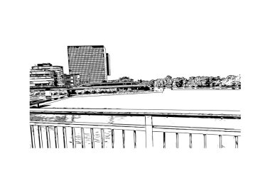 Print Building view, Almanya 'da Dusseldorf eyaletinde yer alan bir şehirdir. Vektörde elle çizilmiş çizim çizimi.