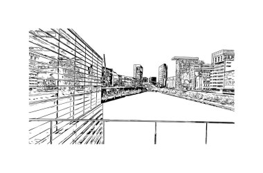 Print Building view, Almanya 'da Dusseldorf eyaletinde yer alan bir şehirdir. Vektörde elle çizilmiş çizim çizimi.