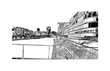 Print Building view, Almanya 'da Dusseldorf eyaletinde yer alan bir şehirdir. Vektörde elle çizilmiş çizim çizimi.