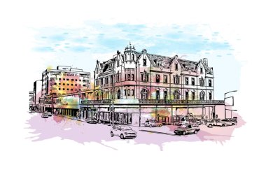 Print Building view with landmark of East London is the city in South Africa. Vektörde elle çizilmiş resim ile suluboya sıçraması.