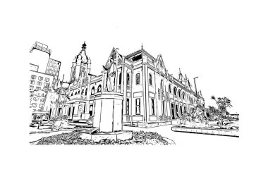 Print Building view with landmark of East London is the city in South Africa. Vektörde elle çizilmiş çizim çizimi.