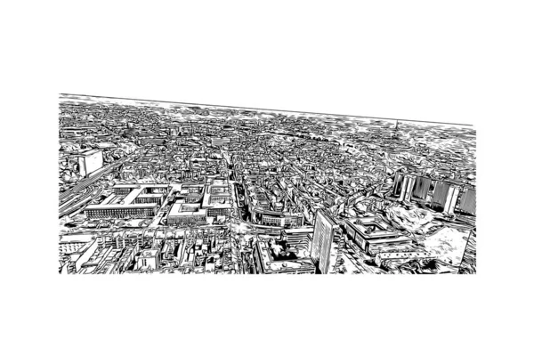Print Building view, Almanya 'da Dusseldorf eyaletinde yer alan bir şehirdir. Vektörde elle çizilmiş çizim çizimi.