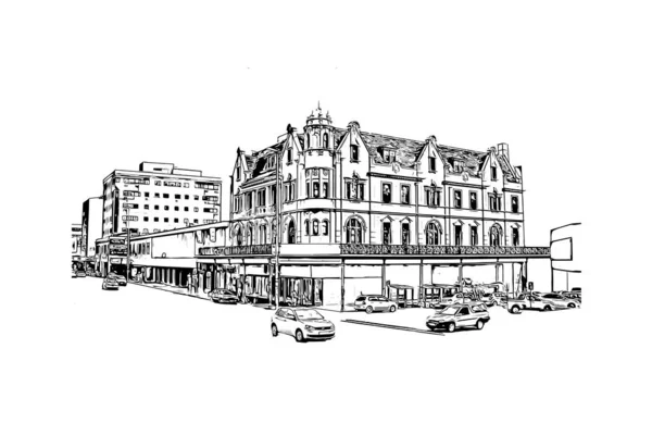Print Building view with landmark of East London is the city in South Africa. Vektörde elle çizilmiş çizim çizimi.