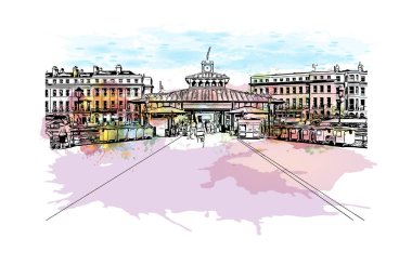 Print Building view of Eastbourne, İngiltere 'de bir tatil köyüdür. Vektörde elle çizilmiş resim ile suluboya sıçraması.