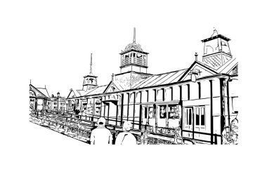 Print Building view of Eastbourne, İngiltere 'de bir tatil köyüdür. Vektörde elle çizilmiş çizim çizimi.