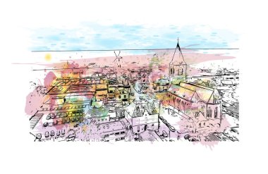 Print Building view, Hollanda 'nın başkenti Ede' de yer alan bir şehirdir. Vektörde elle çizilmiş resim ile suluboya sıçraması.