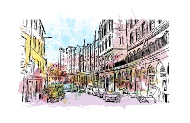 Print Building view with landmark of Edinburgh, İskoçya 'nın başkentidir. Vektörde elle çizilmiş resim ile suluboya sıçraması.