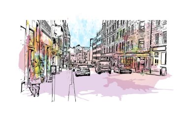 Print Building view with landmark of Edinburgh, İskoçya 'nın başkentidir. Vektörde elle çizilmiş resim ile suluboya sıçraması.