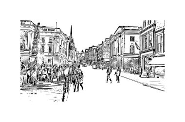 Print Building view with landmark of Edinburgh, İskoçya 'nın başkentidir. Vektörde elle çizilmiş çizim çizimi.