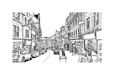 Print Building view with landmark of Edinburgh, İskoçya 'nın başkentidir. Vektörde elle çizilmiş çizim çizimi.