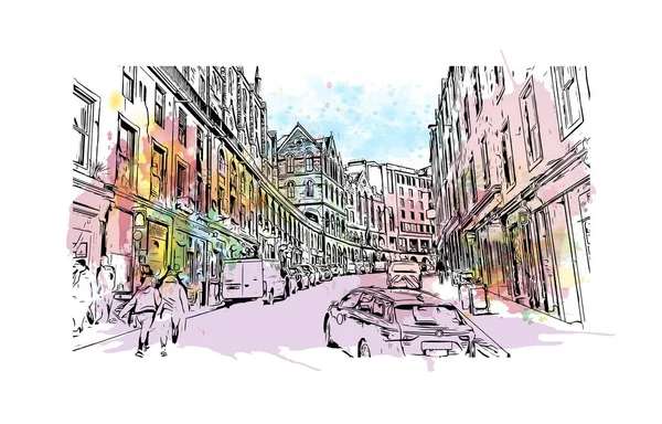 Print Building View Landmark Edinburgh Skottlands Huvudstad Akvarell Stänk Med — Stock vektor