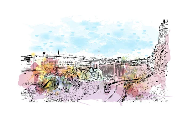 Print Building View Landmark Edinburgh Skócia Fővárosa Akvarell Splash Kézzel — Stock Vector