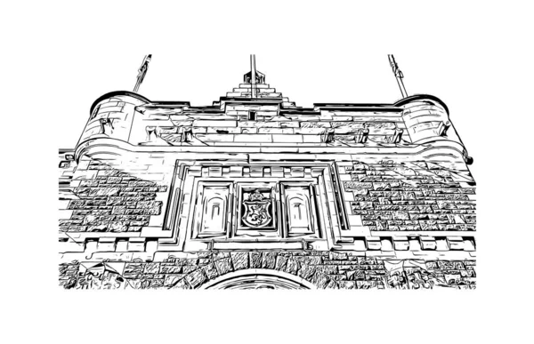 印刷エディンバラのランドマークと建物の景色はスコットランドの首都です 手描きのスケッチ図ベクトル — ストックベクタ
