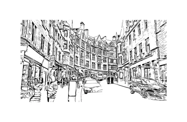 Print Building View Landmark Edinburgh Capital Scotland Hand Drawn Sketch — Stock Vector