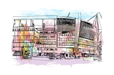 Print Building view, Hollanda 'nın Kuzey Brabant eyaletinde yer alan bir şehirdir. Vektör içinde el çizimi çizimi eşkali ile suluboya sıçraması.