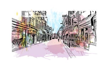 Print Building view, Hollanda 'nın Kuzey Brabant eyaletinde yer alan bir şehirdir. Vektör içinde el çizimi çizimi eşkali ile suluboya sıçraması.