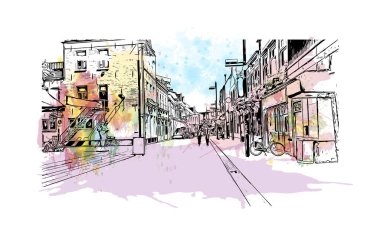 Print Building view, Hollanda 'nın Kuzey Brabant eyaletinde yer alan bir şehirdir. Vektörde elle çizilmiş resim ile suluboya sıçraması.