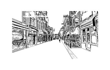 Print Building view, Hollanda 'nın Kuzey Brabant eyaletinde yer alan bir şehirdir. Vektörde elle çizilmiş çizim çizimi.