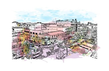 El Alto 'nun simgesi olan Print Building View, Bolivya' daki bir şehirdir. Vektör içinde el çizimi çizimi eşkali ile suluboya sıçraması.