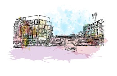 El Alto 'nun simgesi olan Print Building View, Bolivya' daki bir şehirdir. Vektör içinde el çizimi çizimi eşkali ile suluboya sıçraması.