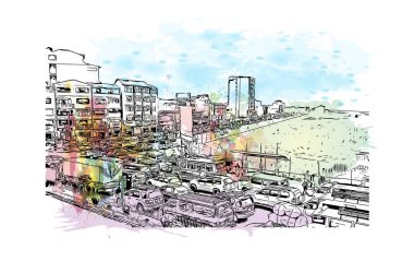 El Alto 'nun simgesi olan Print Building View, Bolivya' daki bir şehirdir. Vektör içinde el çizimi çizimi eşkali ile suluboya sıçraması.