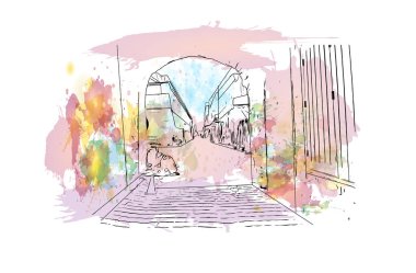 El Jadida, Fas 'ta yer alan bir şehirdir. Vektör içinde el çizimi çizimi eşkali ile suluboya sıçraması.