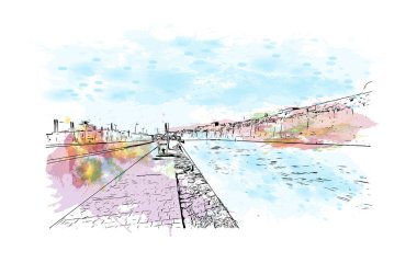 El Jadida, Fas 'ta yer alan bir şehirdir. Vektör içinde el çizimi çizimi eşkali ile suluboya sıçraması.