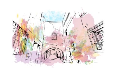 El Jadida, Fas 'ta yer alan bir şehirdir. Vektör içinde el çizimi çizimi eşkali ile suluboya sıçraması.