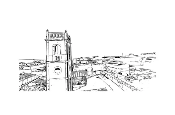 Imprimir Vista Para Edifício Com Marco Jadida Cidade Marrocos Desenho — Vetor de Stock