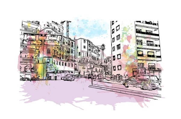印刷エル モンテのランドマークとビルの景色はカリフォルニア州の街です 手描きのスケッチイラストと水彩スプラッシュベクトル — ストックベクタ