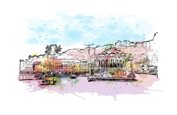 Print Building View Landmark Monte Staden Kalifornien Akvarell Stänk Med — Stock vektor
