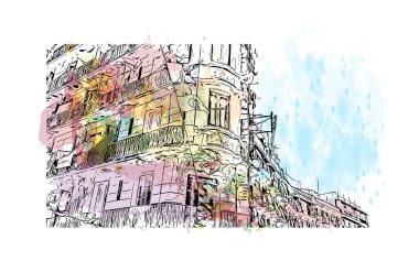 El Oued 'in simgesi olan Print Building Manzarası Cezayir' deki şehirdir. Vektörde elle çizilmiş resim ile suluboya sıçraması.