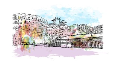 El Oued 'in simgesi olan Print Building Manzarası Cezayir' deki şehirdir. Vektörde elle çizilmiş resim ile suluboya sıçraması.